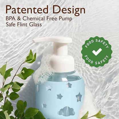 SoCal Suds & Company Glass Foaming Hand Soap Dispenser, Soft Grip Silicone Sleeve, Refillable Pump Bottle for Kids, Baby Wash & Shampoo, Ideal for Home Use, Light Blue 8oz