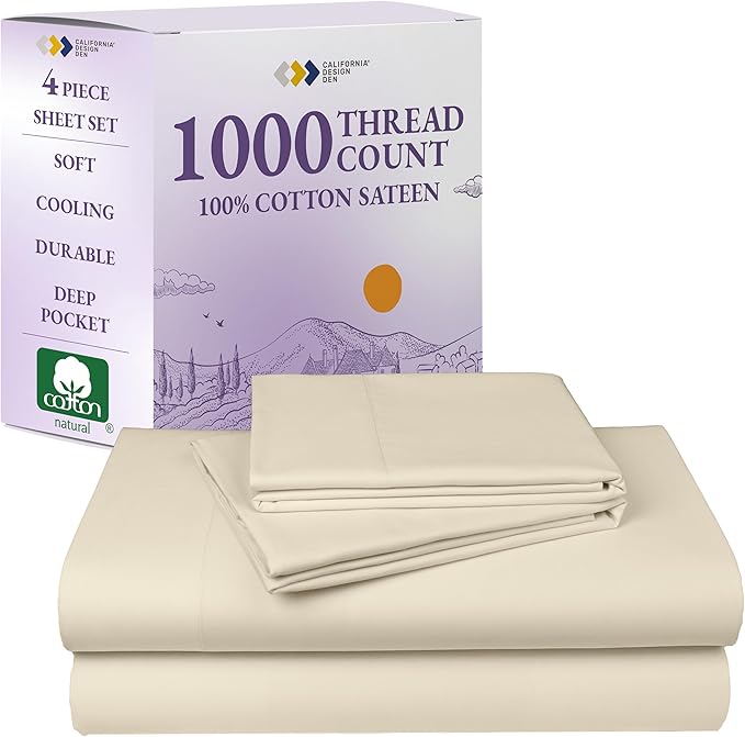 California Design Den Queen Bed Sheets Set - Luxury 1000 Thread Count Sateen, Thick and Natural 100% Cotton Bed Sheet Set, Deep Pockets, Soft, Breathable & Durable Bedding - Ivory (Creamy Beige Tone)