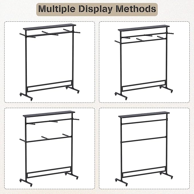 lesolar 6 Arms Retail Clothing Rack with Wheels, Height Adjustable Clothing Display Rack Shirt Clothes Display Stand Floor Standing Metal Garment Racks for Boutiques Retail Stores Home