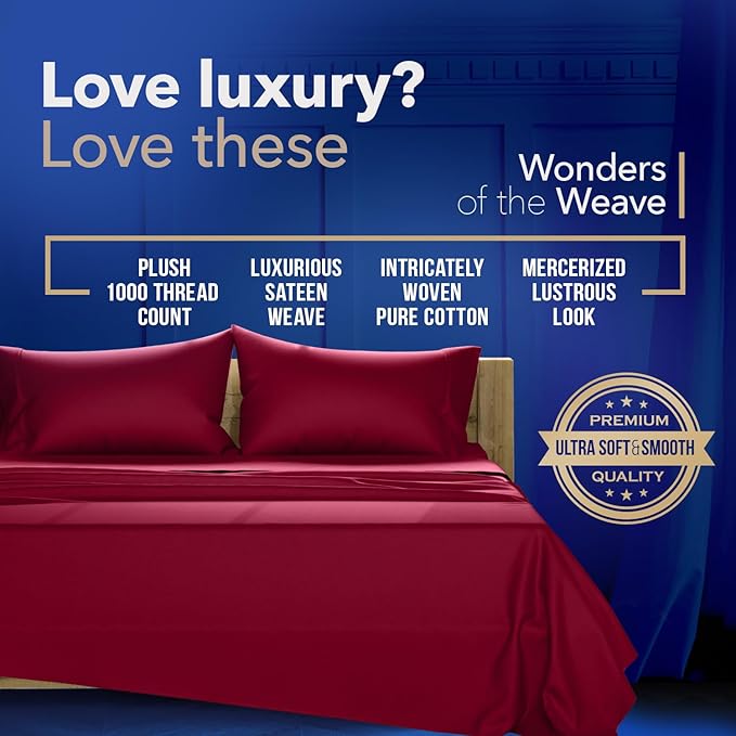 TEXAS LINEN CO. 100% Egyptian Cotton Sheets Full Size - 1000 Thread Count 4 PC Deep Pocket Full Size Bed Sheets Set, Soft Sateen Weave Luxury Hotel Cooling Sheet, Fits Mattress Upto 18" - Burgundy