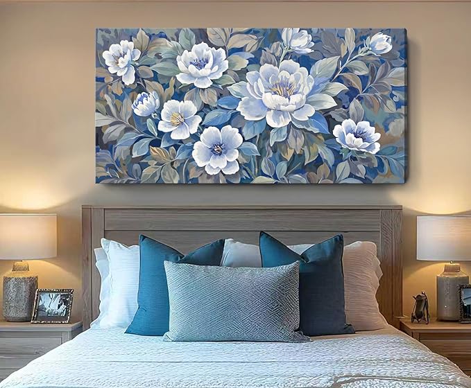 ARTZON Oversized Wall Art Flower Pictures Wall Decor – Blue and White Peony Blossom Extra Large Canvas Prints Vibrant Botanical Nature Artwork for Living Room Women Bedroom Dining Room 58x29 Inch