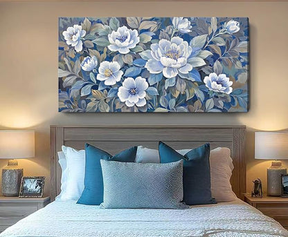 ARTZON Oversized Wall Art Flower Pictures Wall Decor – Blue and White Peony Blossom Extra Large Canvas Prints Vibrant Botanical Nature Artwork for Living Room Women Bedroom Dining Room 58x29 Inch