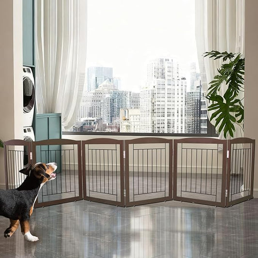 ZJSF Freestanding Foldable Dog Gate for House Extra Wide Wooden Brown Puppy Gate Stairs Dog Gates Doorways Tall Pet Gate 24 "Height 6 Panels Pet Fence
