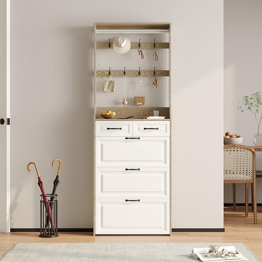Vibe & Dine Shoe Cabinet, Entryway Shoe Storage Cabinet with 3 Flip Doors and 2 Drawers, 2-in-1 Wooden Shoe Rack Organizer with Coat Hooks for Hallway Cloakroom, Oak Color
