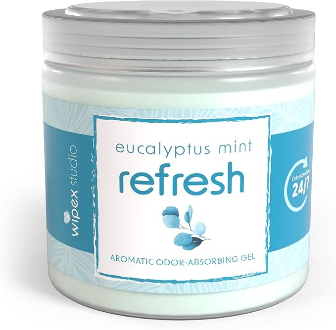 Wipex Odor Eliminator for Home - Eucalyptus & Mint Odor Absorber, 15 Oz Gel Jar, Long-Lasting Freshness, Ideal for Rooms, Offices, and Yoga Studios, Effective Odor Eliminator, 12pk