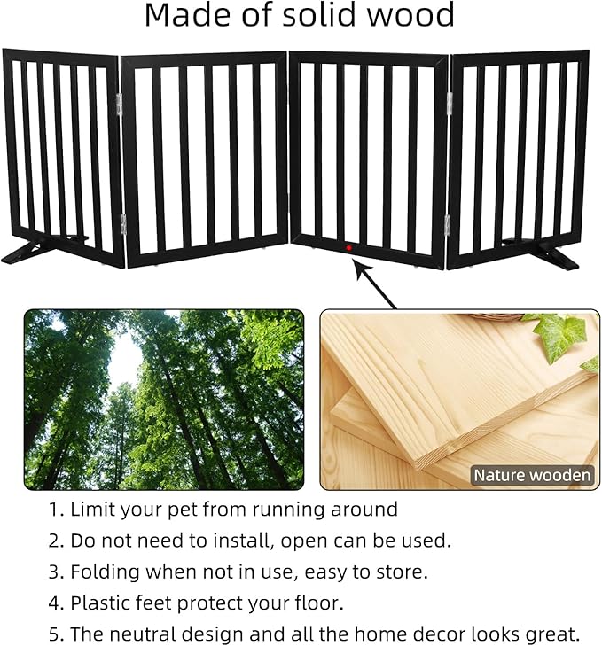 Dog Gate Indoor, Freestanding Dog Fence for The House, Doorways, Hallways,or Stairs,Pet Gate Foldable Wooden,Expandable 32" Height 4 Panels,Black