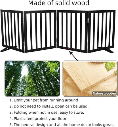 Dog Gate Indoor, Freestanding Dog Fence for The House, Doorways, Hallways,or Stairs,Pet Gate Foldable Wooden,Expandable 32" Height 4 Panels,Black