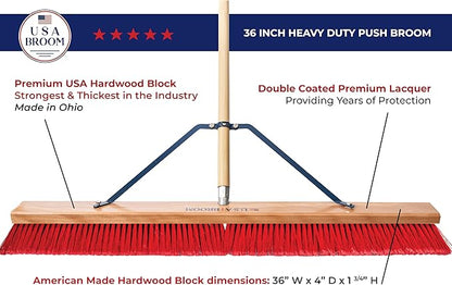 USA Broom 36" Everyday Sweep Indoor/Outdoor Push Broom with 60" Handle. Ideal for Garages & Shops. Durable American Made Steel Brackets-All Stainless Steel Hardware. No Plastic. 100% Made in The USA.