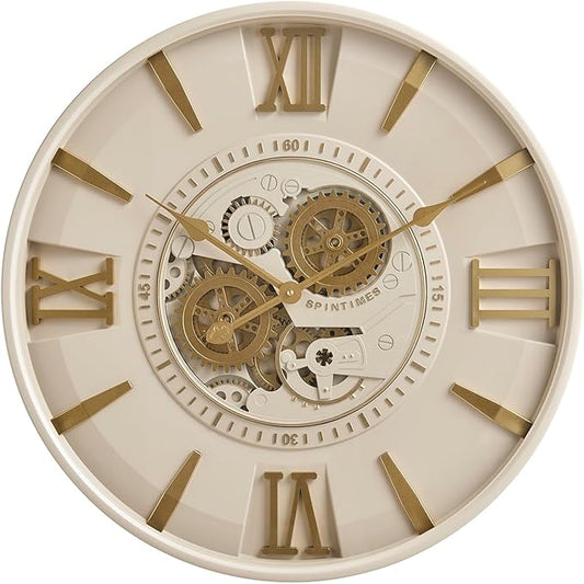 CLXEAST Mid Century Minimalist Modern Wall Clocks,24 Inch Wall Clock with Moving Gears, Large Cream Gold Wall Clocks for Living Room Decor,House Warming Gifts New Home