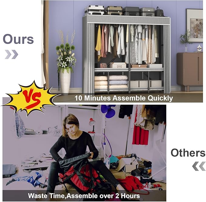 95% Assembeld Heavy Duty Clothes Rack, 66" L Premium Metal Strong Garment Rack with Cover, Portable Foldable Freestanding Clothes Racks for Hanging Clothes, Black