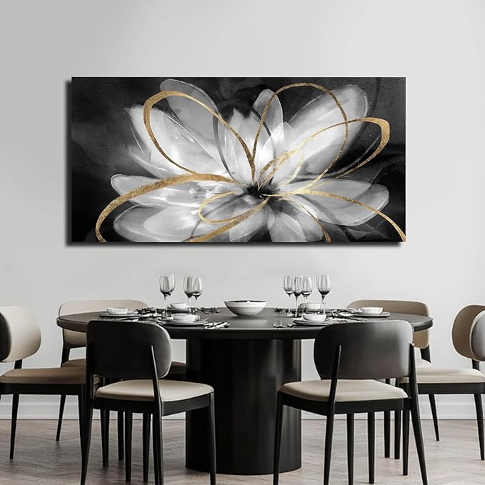 SOUGUAN Room Decor Floral Wall Art 24"x48" botanical Painting Black Art for Living Room Kitchen Dining Room Home Office