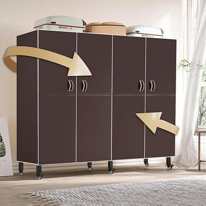Heavy Duty Clothes Rack with Magnetic Door, Metal Foldable Covered Clothes Rack, Portable Wardrobe Closet System for Hanging Clothes, Rolling Garment Racks for Bedroom (Brown Doors, 49.2in)