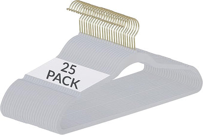 Simplify Slim Velvet Gold Hook Clothes Hangers 25 Pack | Non-Slip | Shirts | Suit | Pants | Dresses | Garments | Closet Storage & Organization | Durable | White