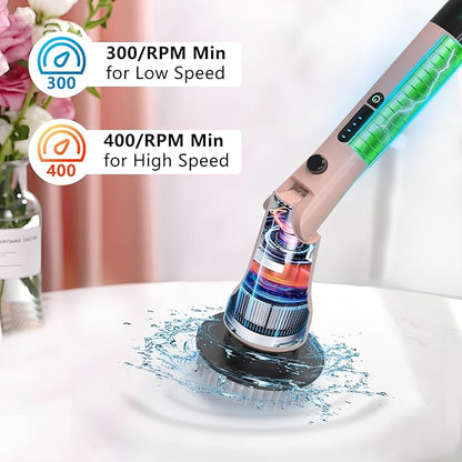 Electric Spin Scrubber, Hillyfe Bath Scrubber for Cleaning with 7 Replaceable Brush Heads, IPX7 Waterproof,300/400 RPM, 3 Adjustable Size,Cordless Shower Cleaner Brush for Bathroom Floor,Pink