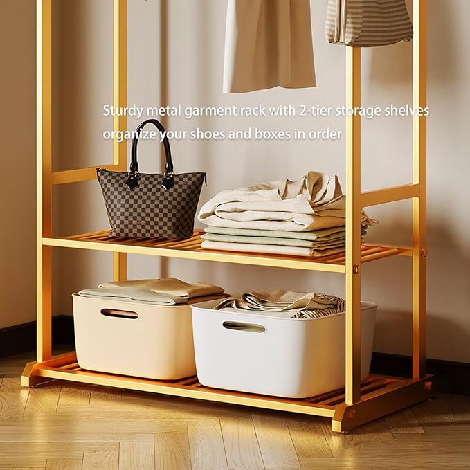 Sturdy heavy duty clothes rack,gold clothing rack with bottom shelves and 6 side hooks,Metal garment rack for hanging clothes for Bedroom