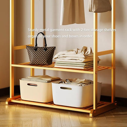 heavy duty clothes rack,gold clothing rack with bottom shelves and 6 side hooks,Metal garment rack for hanging clothes for Bedroom