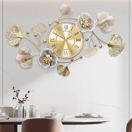 Clocks for Living Room, Large Wall Clock, 3D Silent Wall Clock, Retro Metal Ginkgo Leaf Design, for Bedroom Kitchen Decorative Wall Clocks（35''x20'' ）