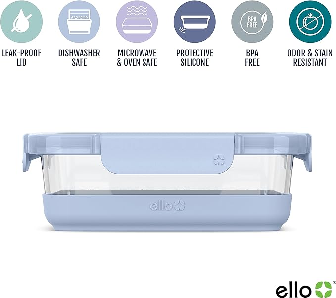 Ello Duraglass 3.4 Cup Meal Prep Sets 10Pc, 5 Pack Set- Glass Food Storage Container with Silicone Boot and Airtight BPA-Free Plastic Lids, Dishwasher, Microwave, and Freezer Safe, Halogen Blue