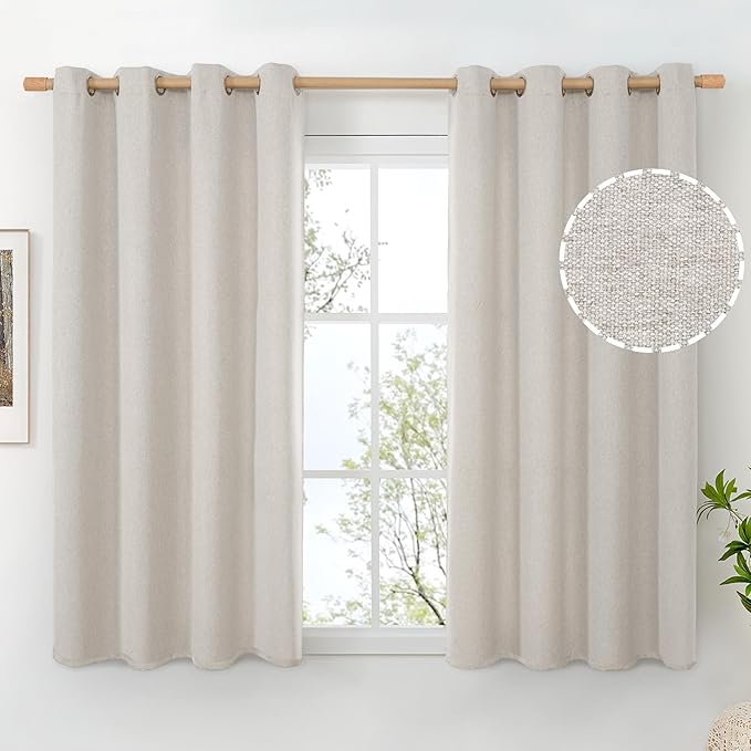BGment Short Linen Curtains 45 Inch Length 2 Panels, Thick Textured Privacy Window Drapes Burlap for Small Bedroom Living Room Farmhouse Grommet Light Filtering, Stone Grey, Each 52 Inch Wide
