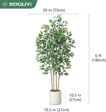 Ficus Artificial Tree 6ft Fake Silk Plant for Home Decor Indoor, Faux Floor Tree in White Imitation Ceramic Planter with Green Fake Moss for Home Office Corner Indoor Decor, Set of 1