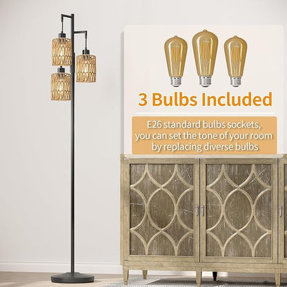 Oneach 68" Floor Lamps for Living Room, Stepless Dimmable Boho Floor Lamp with 3 Bulbs, Tall Farmhouse Industrial Corner Standing Tree Lamp for Bedroom, Office, Study Room, Dining Room, Black
