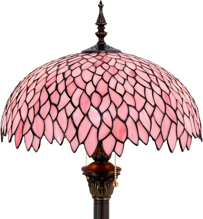 WERFACTORY Tiffany Floor Lamp Pink Wisteria Stained Glass Standing Reading Light 16X16X64 Inches Antique Style Pole Corner Lamp Decor Bedroom Living Room Home Office S523P Series