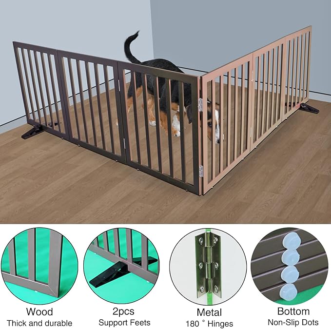 Dog Gate Indoor, Freestanding Dog Fence for The House, Doorways, Hallways,or Stairs,Pet Gate Foldable Wooden,Expandable 32" Height 6 Panels,Brown