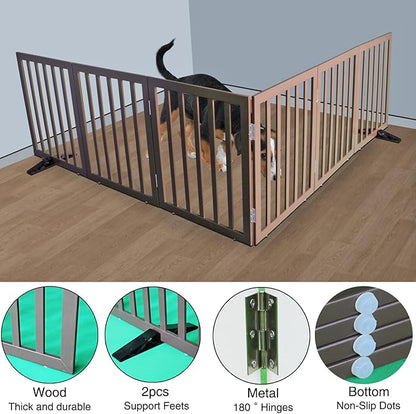 Dog Gate Indoor, Freestanding Dog Fence for The House, Doorways, Hallways,or Stairs,Pet Gate Foldable Wooden,Expandable 32" Height 6 Panels,Brown