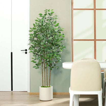 Ficus Artificial Tree 6ft Fake Silk Plant for Home Decor Indoor, Faux Floor Tree in White Imitation Ceramic Planter with Green Fake Moss for Home Office Corner Indoor Decor, Set of 1