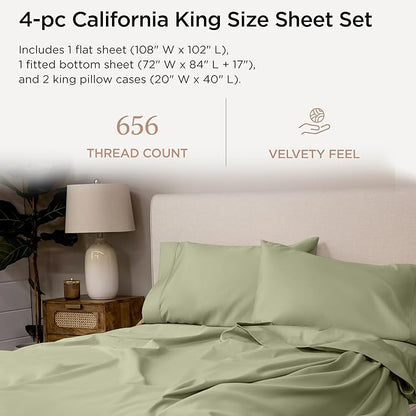 Threadmill California King Sheet Sets |Certified American Supima Cotton Sheets | 656 Thread Count 4 Piece Hotel Quality Luxury Bed Sheets Set with Elasticized Extra Deep Pocket | Sage Green Sheets