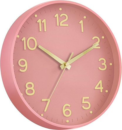 Silent Wall Clocks Battery Operated 10 Inch-Modern Non Ticking Analog Clock Decorative for Kitchen Office Bathroom Bedroom(Pink Gold)