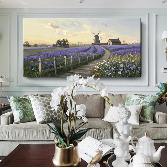 amatop Oversized Wall Picture for Living Room Farmhouse Purple Lavender Artwork Pastoral Countryside Scenery Daisy Flowers Floral Canvas Prints Panoramic Sunset Landscape Picture Bedroom 58x29 In