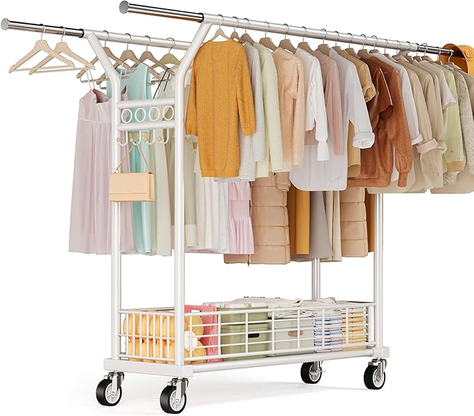 Heavy Duty Clothes Rack - Double Rod Clothing Racks with Wheels, Portable & Adjustable Garment Rack for Hanging Clothes, Rolling Clothes Rack Load 670LBS for Bedrooms, Laundry, Closet (White)