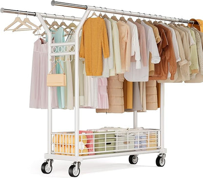 Heavy Duty Clothes Rack - Double Rod Clothing Racks with Wheels, Portable & Adjustable Garment Rack for Hanging Clothes, Rolling Clothes Rack Load 670LBS for Bedrooms, Laundry, Closet (White)