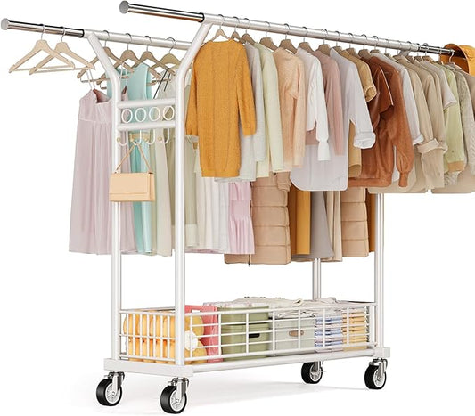 Heavy Duty Clothes Rack - Double Rod Clothing Racks with Wheels, Portable & Adjustable Garment Rack for Hanging Clothes, Rolling Clothes Rack Load 670LBS for Bedrooms, Laundry, Closet (White)