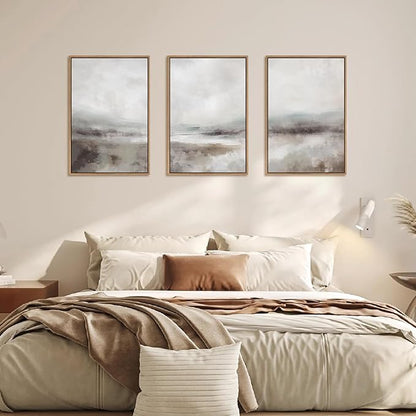HLNIUC Large Abstract Neutral 3 Piece Wall Art Framed, Gray Lake Landscape Canvas Decor(16x24), Watercolor Smoky Mountain Wall Painting, Modern Minimalist Art Prints for Living Room, Bedroom, Office