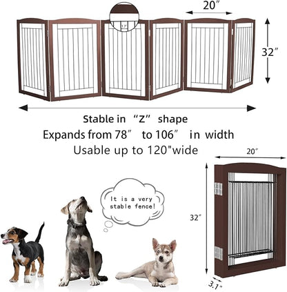 ZJSF Freestanding Foldable Dog Gate for House Extra Wide Wooden Brown Puppy Gate Stairs Dog Gates Doorways Tall Pet Gate 32 "Height 6 Panels Pet Fence