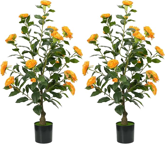 3Ft Artificial Camellia Tree 2pack, Orange Silk Flowers Faux Plant for Indoor Outdoor Home Decor, Realistic Potted Greenery for Office Porch Living Room