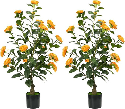 3Ft Artificial Camellia Tree 2pack, Orange Silk Flowers Faux Plant for Indoor Outdoor Home Decor, Realistic Potted Greenery for Office Porch Living Room