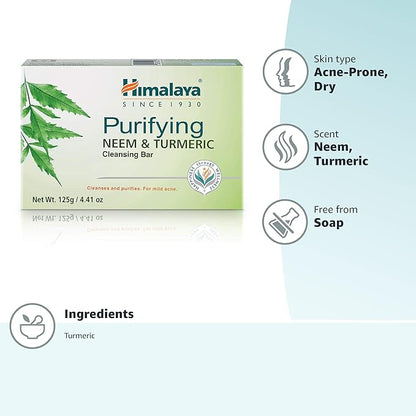 Himalaya Purifying Neem & Turmeric Cleansing Bar for Clean and Healthy Looking Skin, 4.41 Oz (125 gm) (Pack of 2)