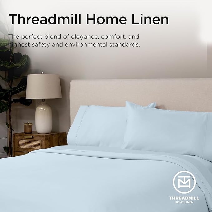 Threadmill California King Certified American Supima Cotton Sheets - 1200 Thread Count Hotel Quality 4 Piece Luxury Bed Set With Elasticized Extra Deep Pocket, Light Blue