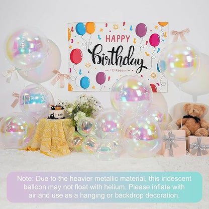 12Pcs Iridescent Round Foil Balloons, 22" 15" 10" 4D Clear Ball Balloon, Holographic Balloons for Birthday Wedding Folding Rainbow Under The Sea Mermaid Party decoration