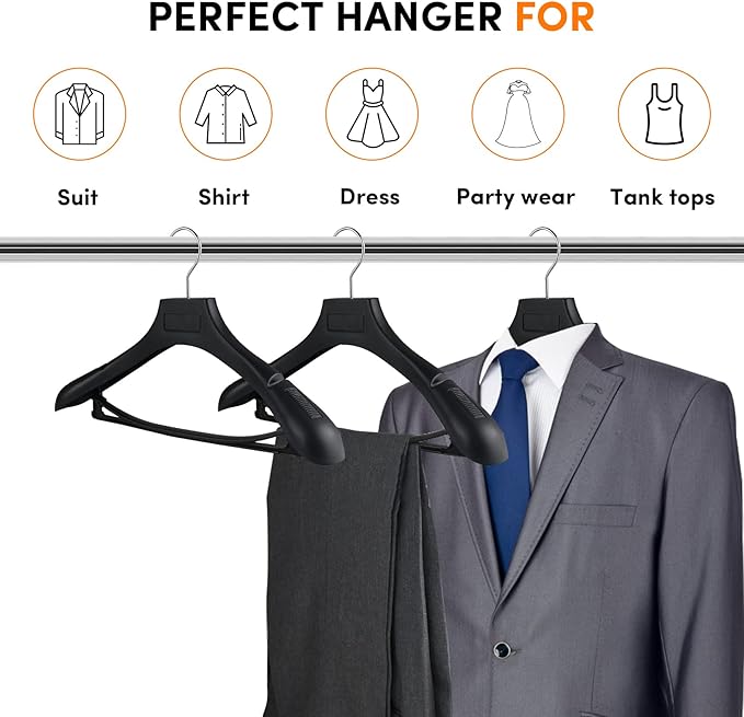 DEDU Suit Hangers for Men 50 Pack, Black Coat Hangers Extra Wide Non Slip Width 17.7", Thick Plastic with Pants Bar & Metal Hook