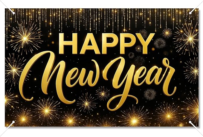 Happy New Year Backdrop Black and Gold Fireworks Banner Glitter Photography Background 71x43 Inches Indoor Outdoor Party Decoration New Year Eve Celebration Supplies