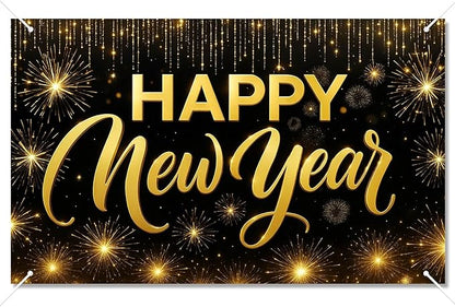 Happy New Year Backdrop Black and Gold Fireworks Banner Glitter Photography Background 71x43 Inches Indoor Outdoor Party Decoration New Year Eve Celebration Supplies