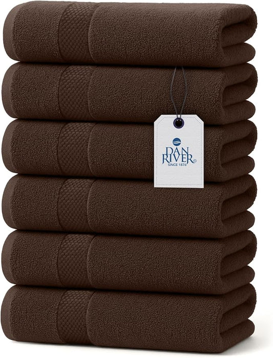 DAN RIVER 6-Pack Premium Hand Towels (16x28 Inches) - 100% Cotton, Ultra Soft, Lightweight, Highly Absorbent Towels for Bathroom, Spa, Gym, Salon, Hotel, and Travel - 550 GSM – Brown