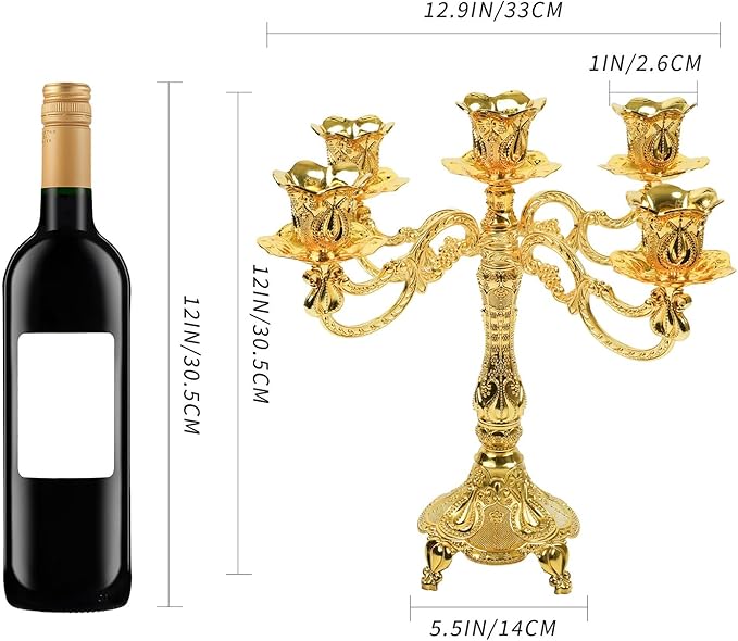 5-Candle Candelabra Metal Candlestick Holder Decoration for Weddings, Churches, Halloween, Christmas, Birthday Party (A-Gold)