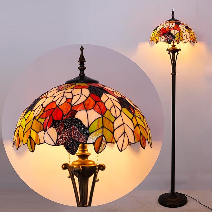 Tiffany Floor Lamp Maple Leaf Stained Glass Standing Reading Light 16X16X70 Inches Antique Pole Corner Lamp Decor Bedroom Office Living Room