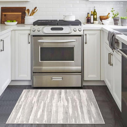 Modern Abstract Entryway Rug Indoor 2x3 Neutral Washable Non-Slip Soft Small Area Rug Light Beige and Grey Kitchen Mat Thin Print Faux Wool Floor Carpet for Entrance Bedroom