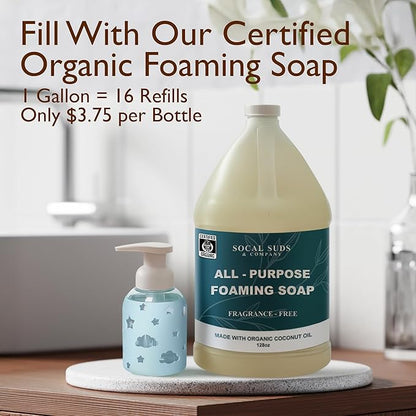 SoCal Suds & Company Glass Foaming Hand Soap Dispenser, Soft Grip Silicone Sleeve, Refillable Pump Bottle for Kids, Baby Wash & Shampoo, Ideal for Home Use, Light Blue 8oz